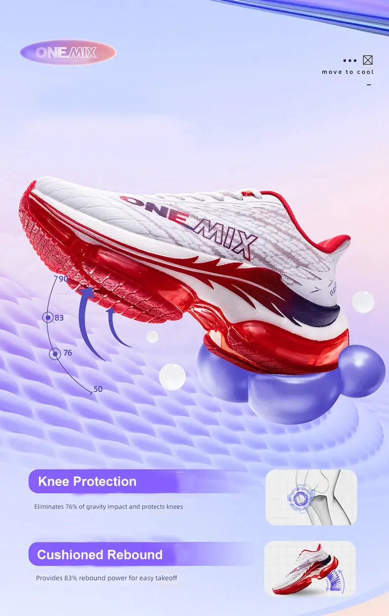 ONEMIX Air Cushion running shoe for women, white mesh upper with red cushioned sole.