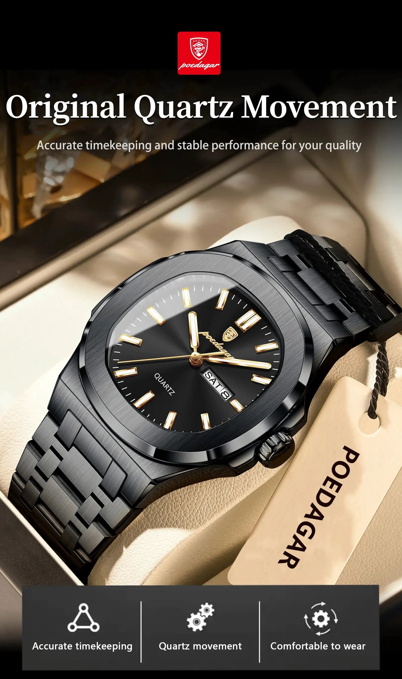 POEDAGAR men's luxury square watch; black stainless steel band, gold-tone hands and markers, day/date display