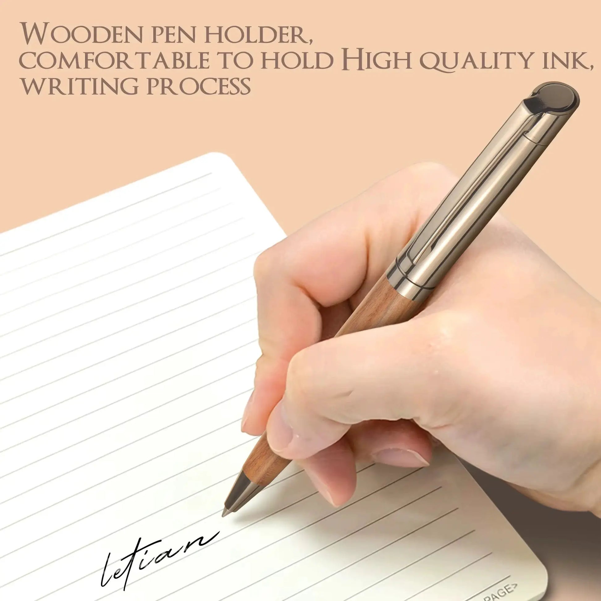 Premium metal ballpoint pen with wood barrel by Simples Market, black ink, held over a lined notebook