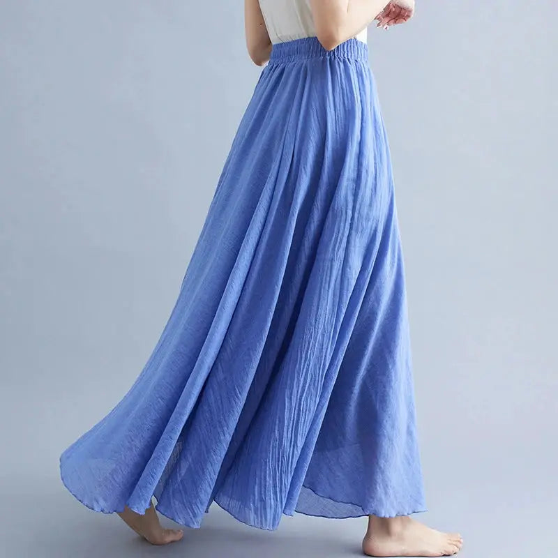 Skirt long blue Mori Girl cotton-linen elastic waist A-line