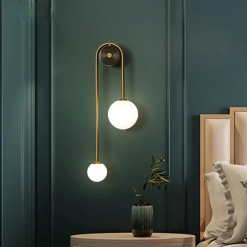 Modern wall lamp with twin glass globe shades in gold finish for LED lighting