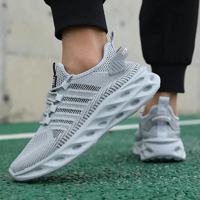 Simples Market gray unisex running sneakers with breathable knit upper, size 37-47