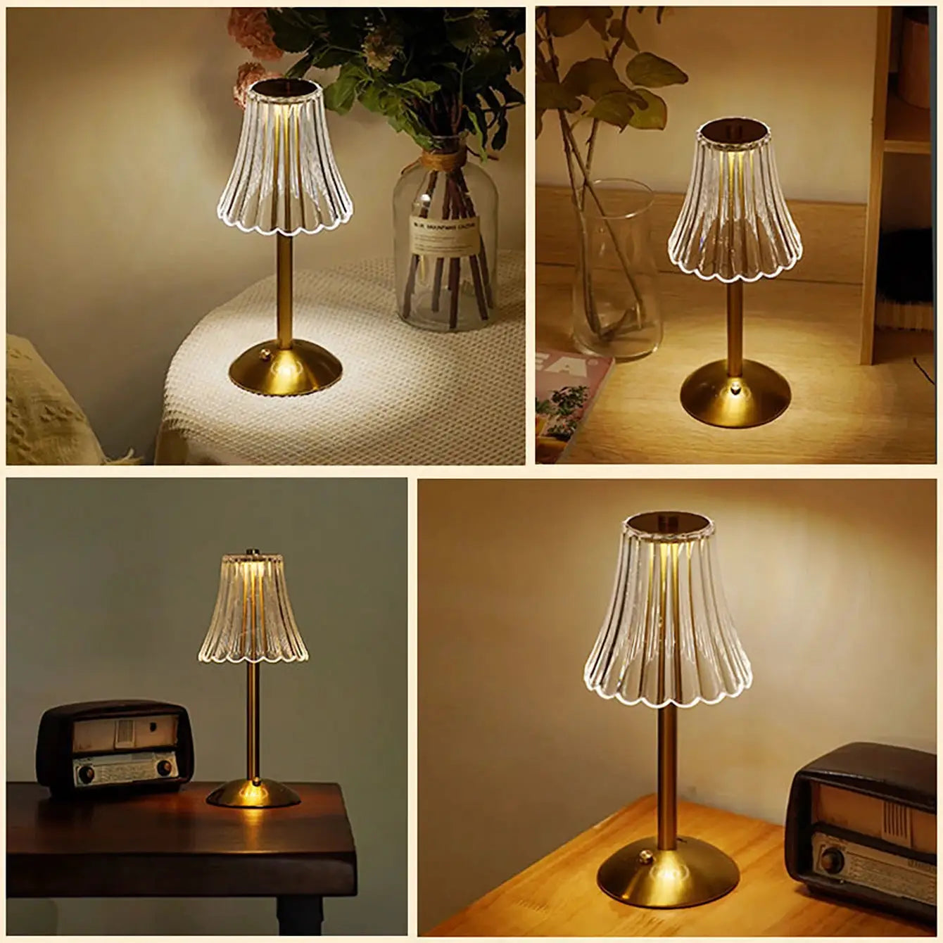 Crystal retro table lamp by Simples Market with pleated shade and brass base, rechargeable dimmable LED bedside lamp