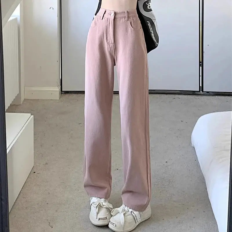 Womens Vintage Wide Leg Jeans High Waist Denim Pants Black Grey Blue