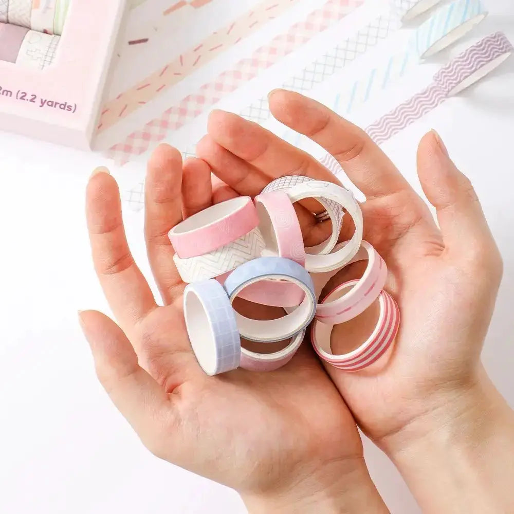 Washi tape set: 20 slim 10mm rolls with pastel patterns, 2m long.