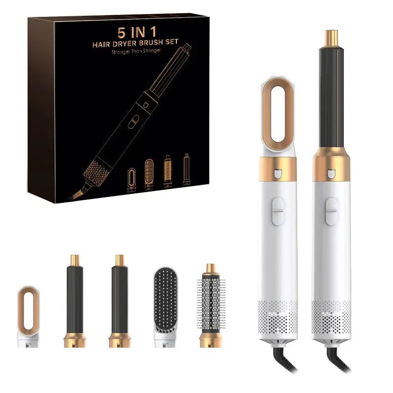 Simples Market 5 in 1 Hair Dryer Brush Set; white and gold with 5 attachments and display box.