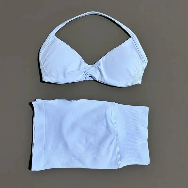 Histello 2 Piece Women Yoga Set Strappy Bra Top Scrunch Shorts