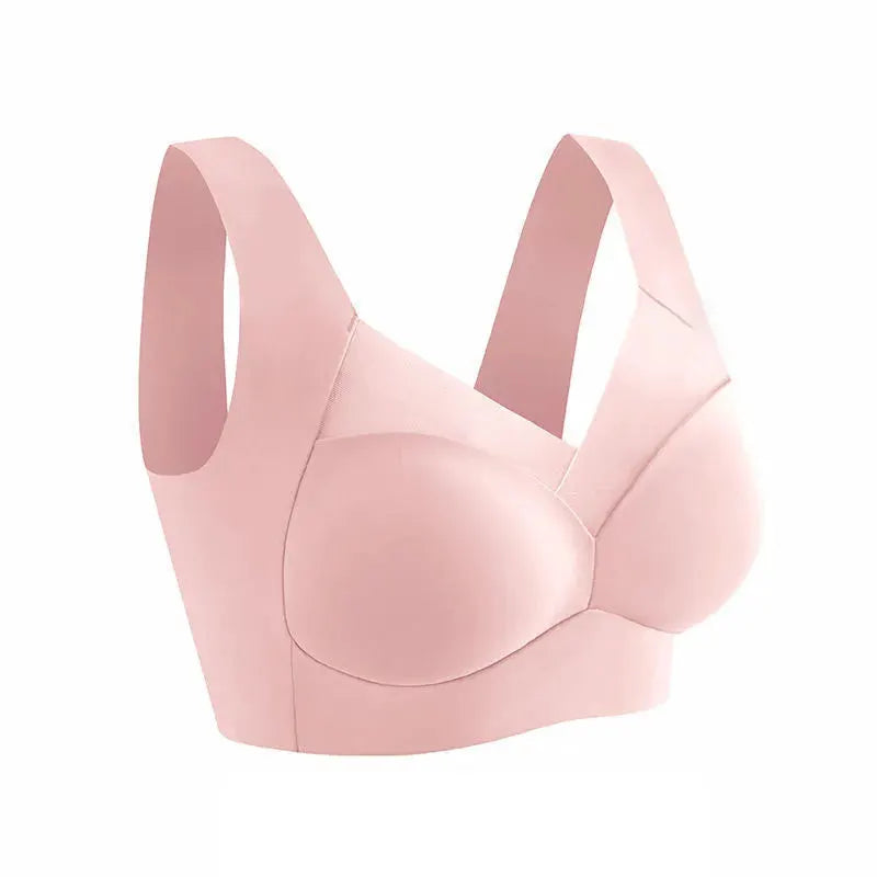 Pink seamless wireless bra with wide straps and molded cups