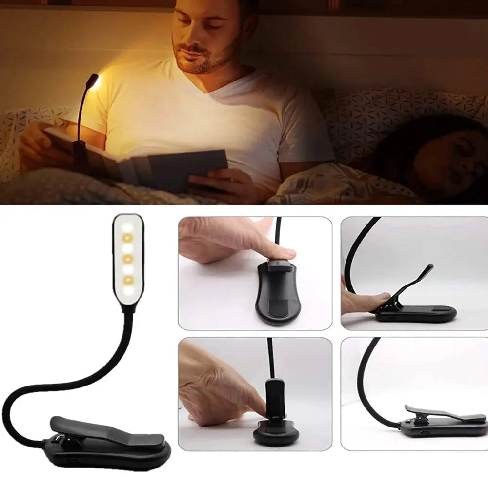 Simples Market LED book light with USB recharge, flexible clip-on neck, 3 brightness modes (warm/cool/daylight), black.