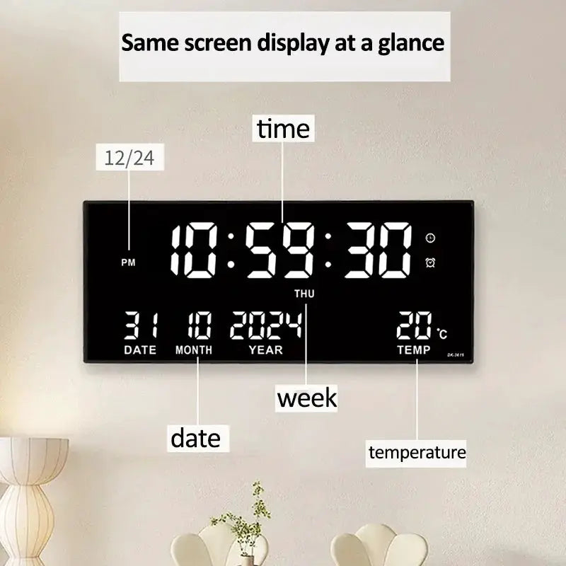 Simples Market digital large 14-inch LED wall clock, black, plug-in, displays time, date, week, and temperature.