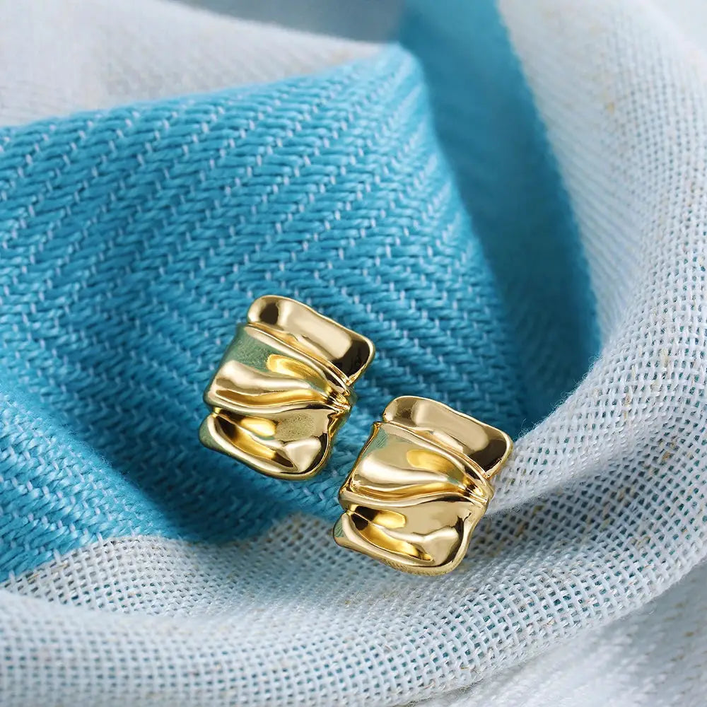 Gold Plated Punk Square Stud Earrings For Women Geometric Pleated Copper Alloy Ear Jewelry Gift For Modern Outfits