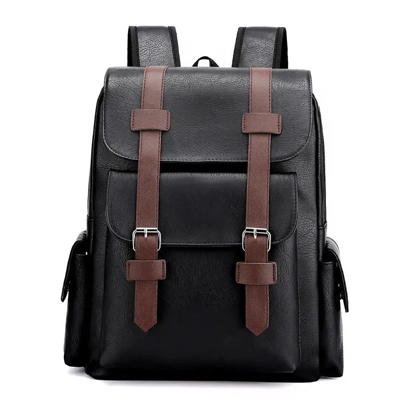 Backpack, PU leather, black with brown buckle straps, large laptop bag with side pockets by Simples Market
