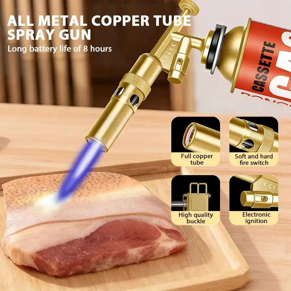 Outdoor welding gas torch with a gold metal body and blue flame, used for BBQ and welding.