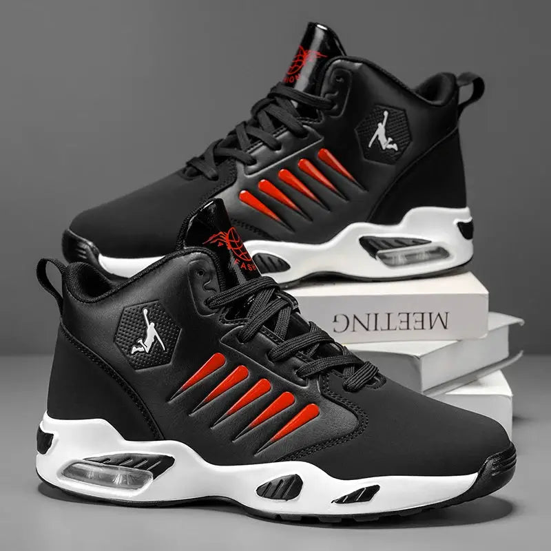 Pair of men's high-top basketball shoes by Simples Market with side logo, black with red accents, white sole.