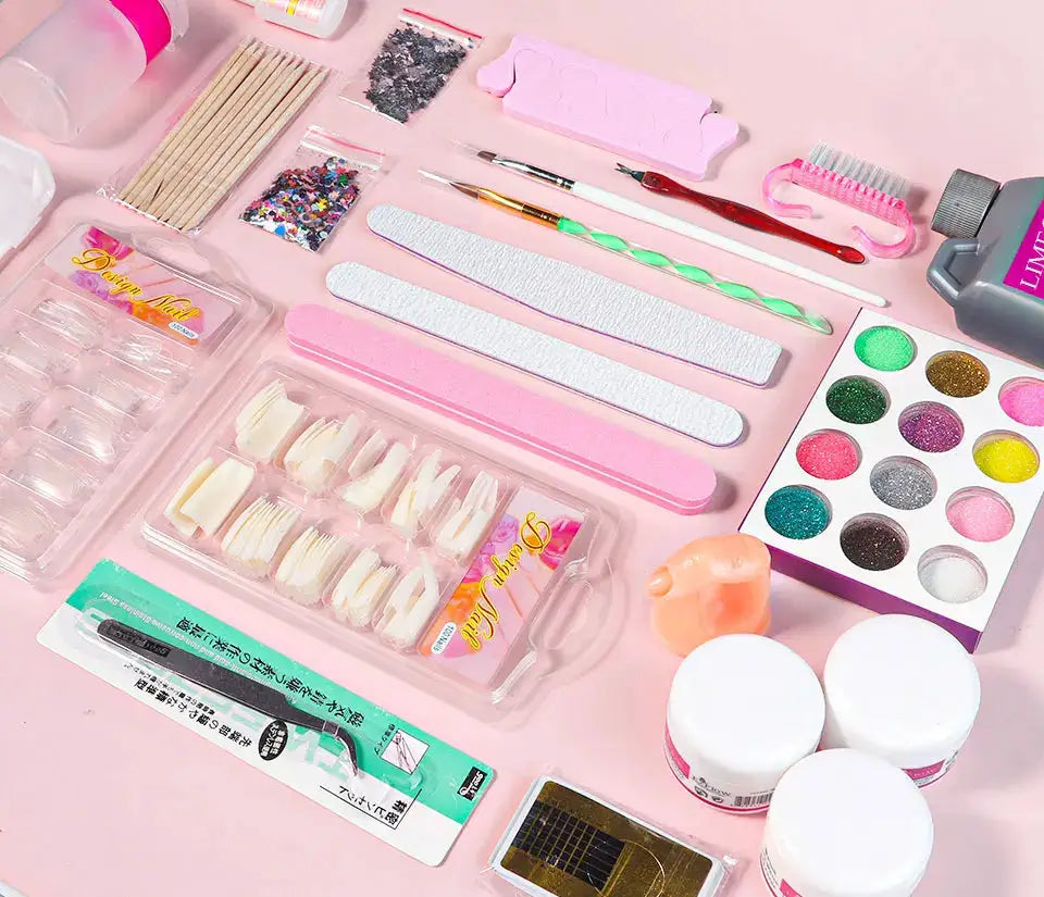 Nail art kit with acrylic powder and liquid monomer, glitter, tips, files and brushes by Simples Market