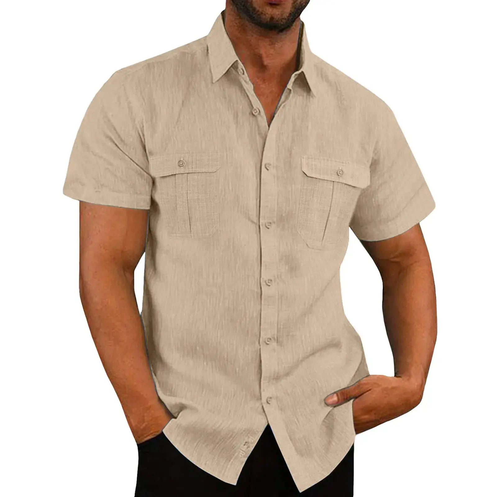 Simples Market men's beige cotton-linen short-sleeve shirt with double chest pockets