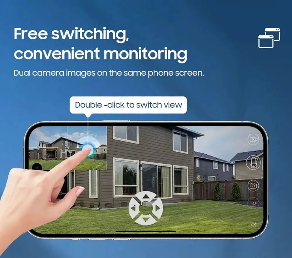 8MP 4K wireless solar outdoor dual-lens IP camera by Simples Market, shown as dual-view on a smartphone
