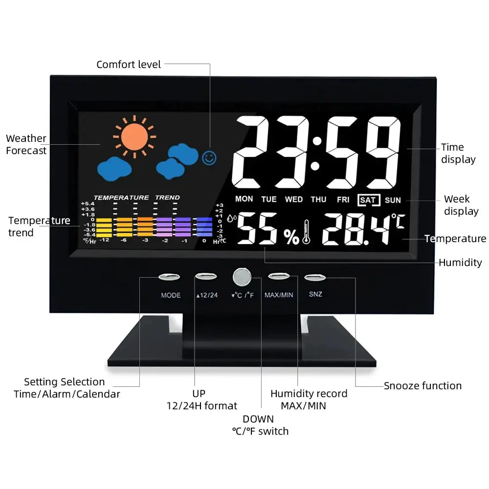 Multi-functional digital LCD weather station clock with thermometer, calendar and humidity readings