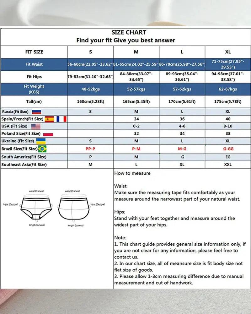 Simples Market 7PCS women cotton ribbed G-string panties size chart with waist and hip measurements