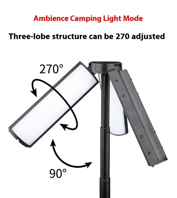 Rechargeable outdoor camping light with foldable panels on a black tripod stand; adjustable 270°/90° tilt.
