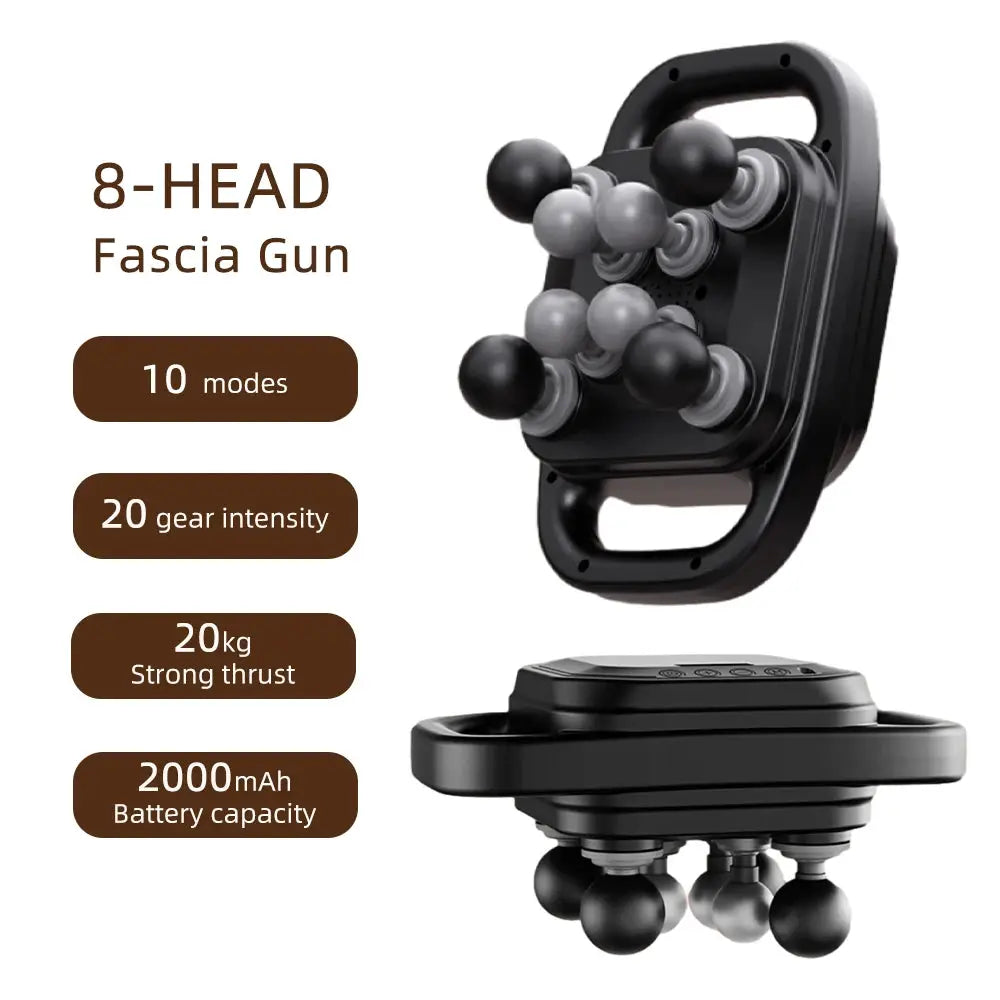 8-Head fascia gun handheld massager, black with multiple head attachments