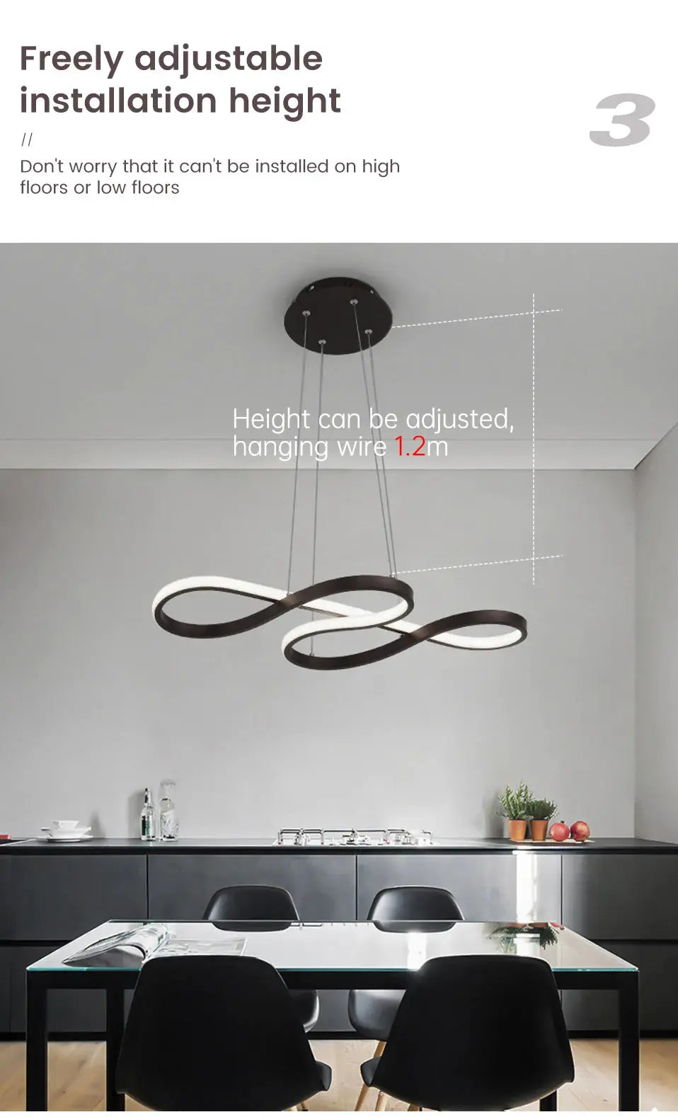 Modern kitchen island pendant lights with black looping LED rings and remote dimming.