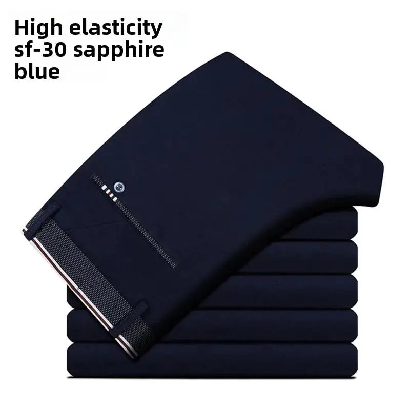 Men's elastic-waist dress pants by Simples Market in sapphire blue; wrinkle-resistant slim-fit office trousers