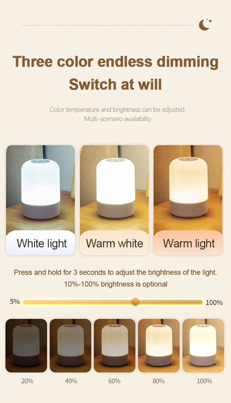 Simples Market LED night light bedside lamp; dimmable touch lamp with three color temperature options and grey base.