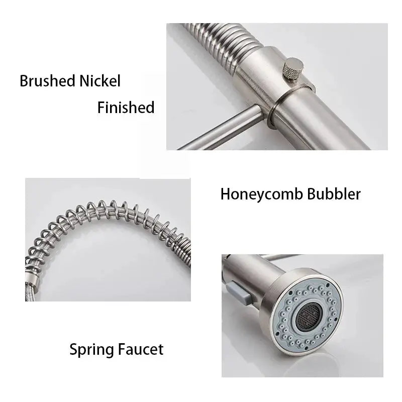 Simples Market brushed nickel kitchen faucet with flexible spring hose, deck-mounted mixer, hot and cold, 360° rotation.