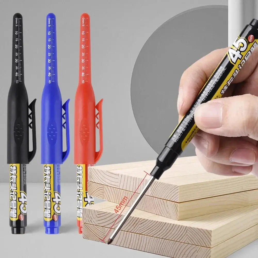 Marker pens by Simples Market, set of 3 45mm waterproof deep-hole markers with long nibs in black, blue and red for woodworking
