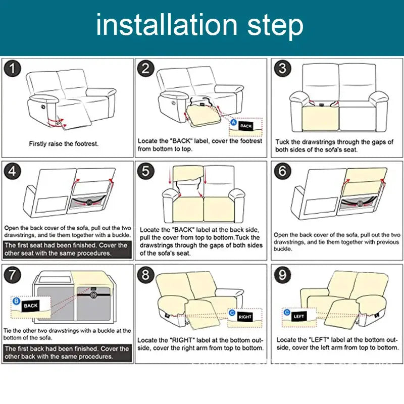 Simples Market recliner sofa cover (1/2/3 seat) in stretch fabric for kids and pets, with illustrated installation steps.
