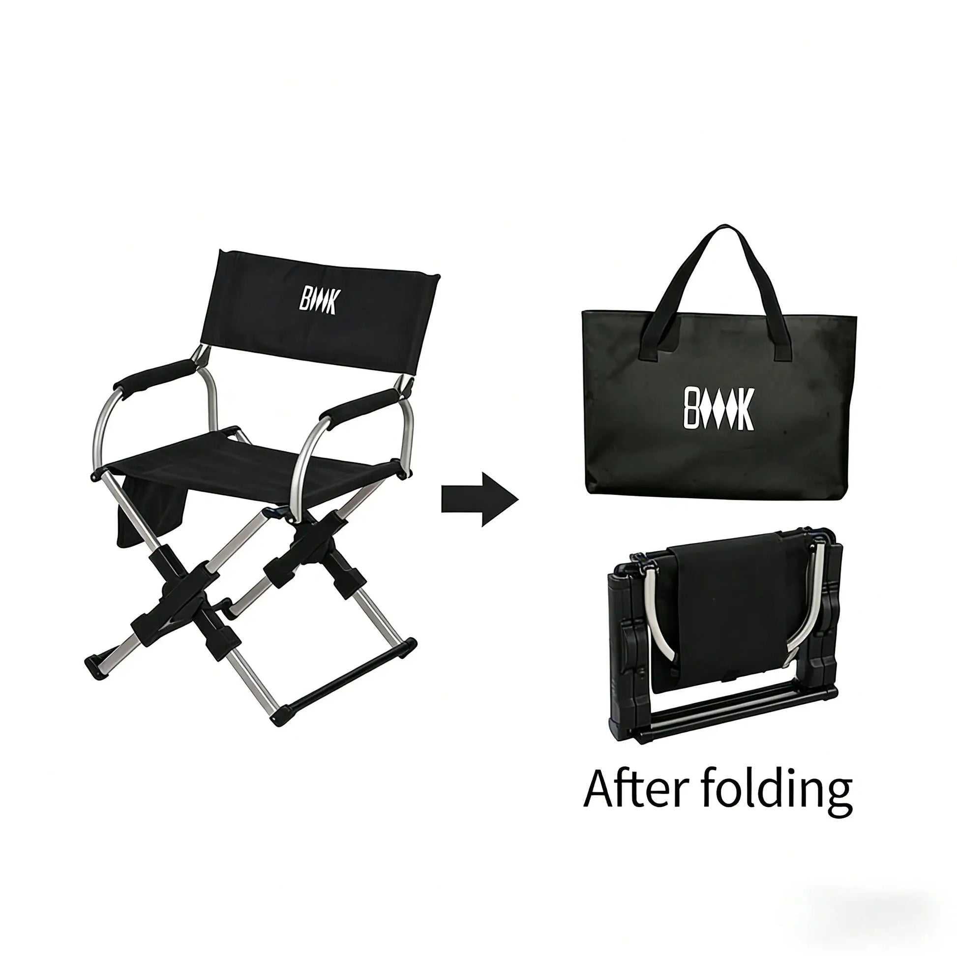 Outdoor foldable director chair with aluminum alloy frame and black fabric; Simples Market, BMK logo on backrest