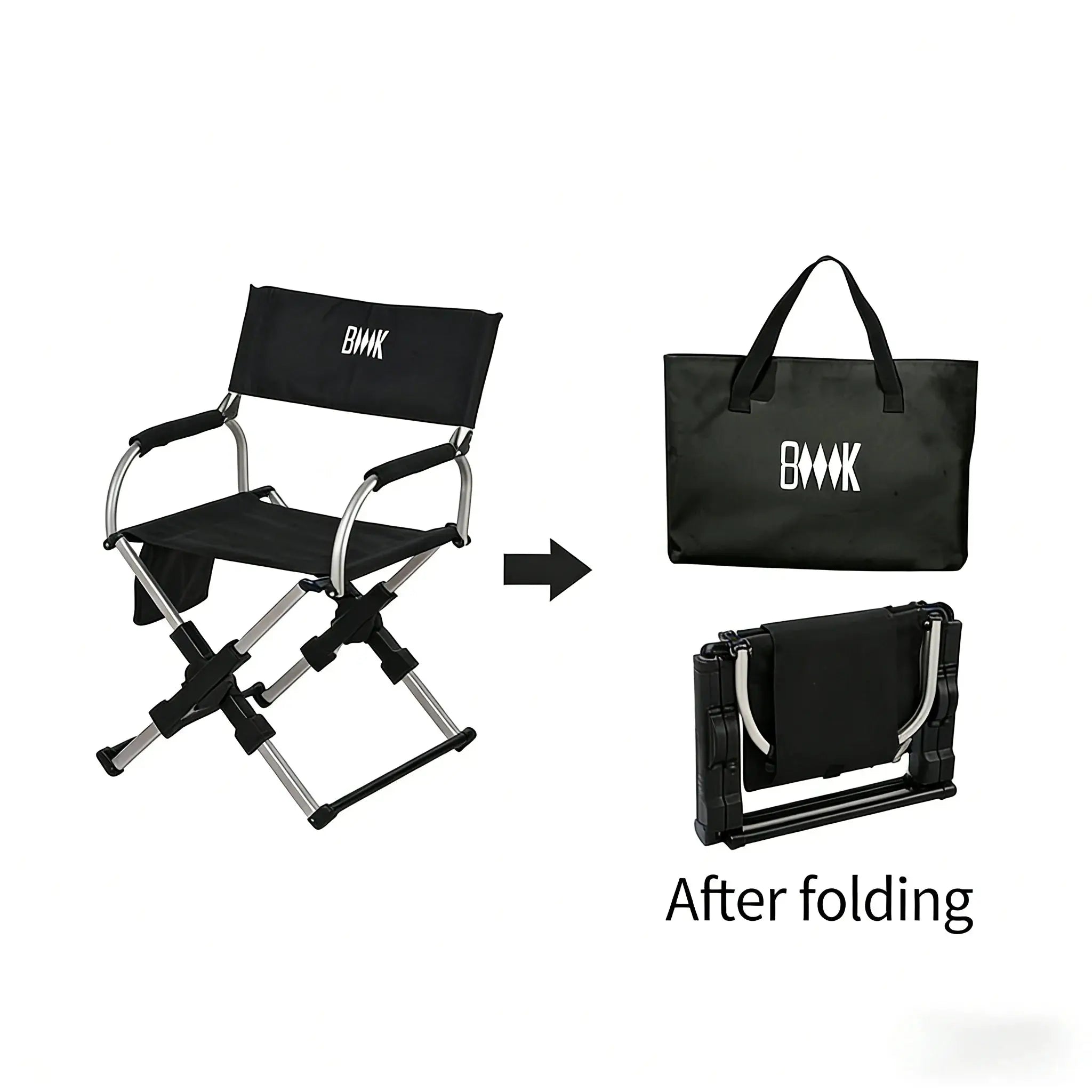 Outdoor foldable director chair with aluminum alloy frame and black fabric; Simples Market, BMK logo on backrest