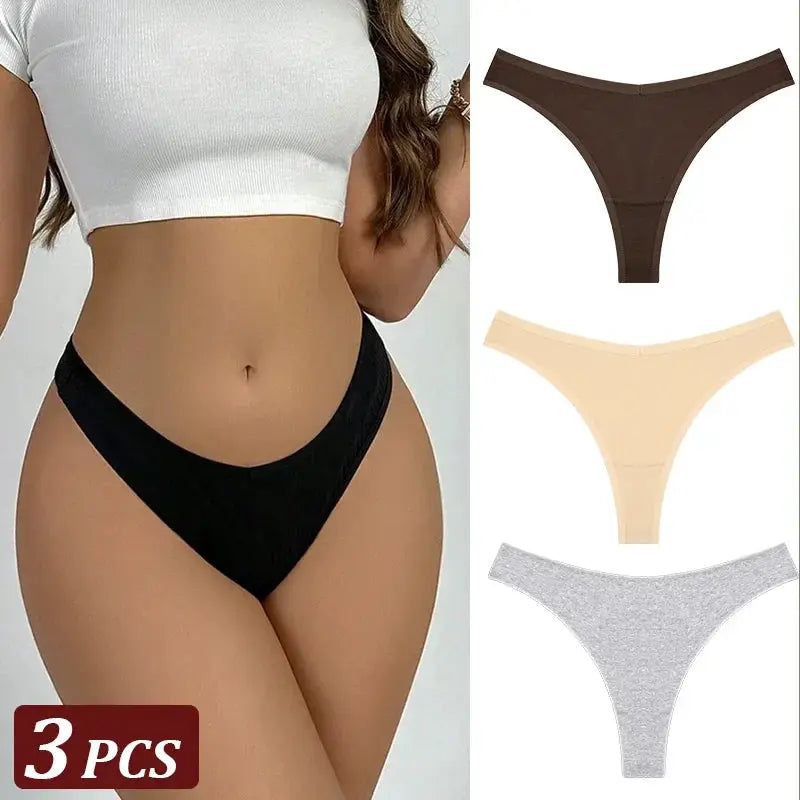 Simples Market 3Pcs seamless cotton thong set, low-waist T-back, black/brown/beige/gray.