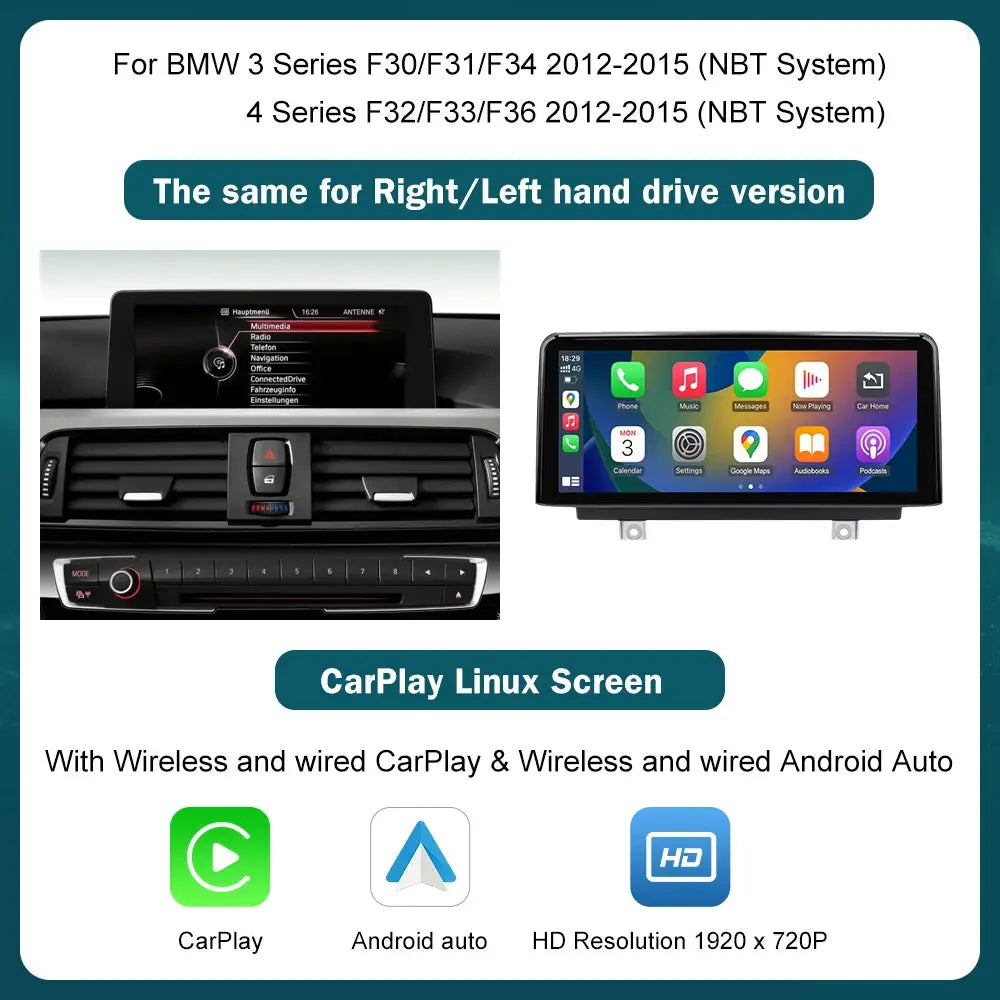 BMW CarPlay Android Auto multimedia display screen for 1/2/3/4 Series F20–F33, 10.25–12.3 inch, black in-dash unit