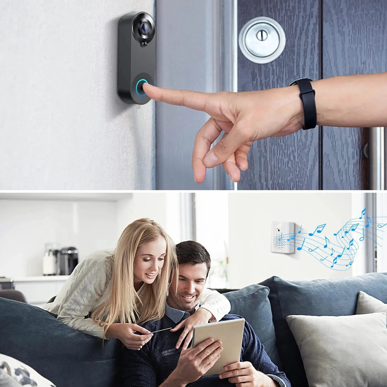 1080P wireless video doorbell camera, black with blue-ring button on wall