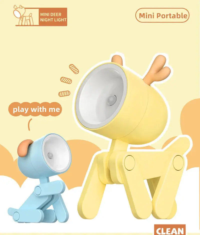 Two LED mini night lights: yellow deer with foldable legs and blue dog, for kids' desk or bedside decor