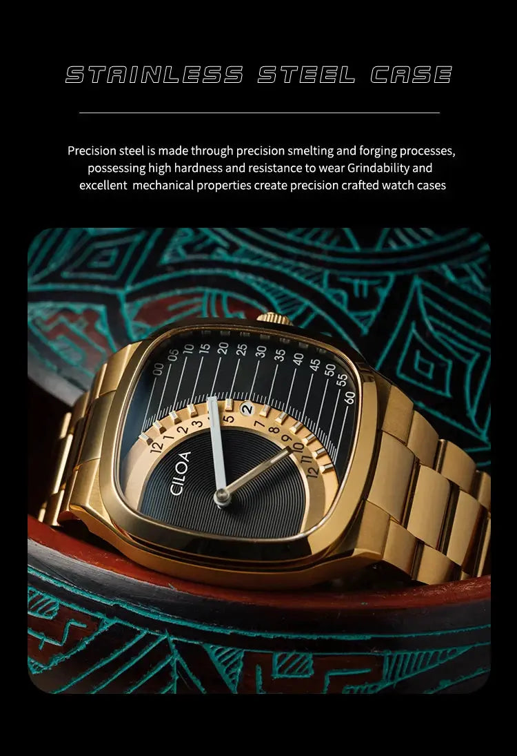 CILOA retro square men's watch with gold-tone stainless steel band and black dial