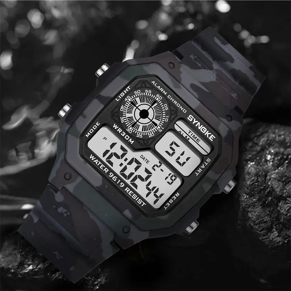 SYNOKE outdoor military digital watch for men with camo strap, black case, digital display, water resistant
