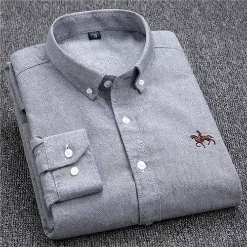 Grey pure cotton oxford men's shirt with horse embroidery, long sleeve, folded