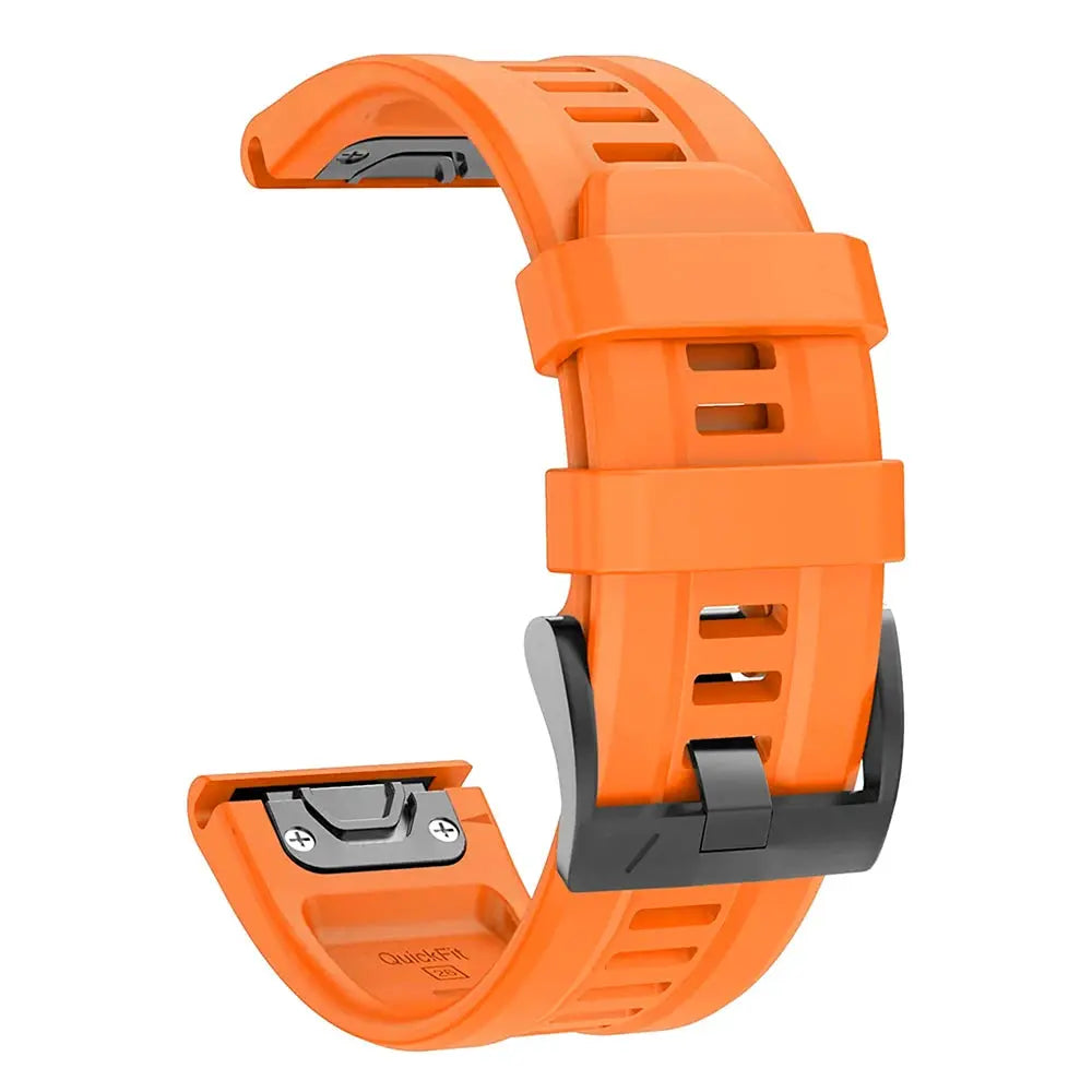 QuickFit silicone watch strap in orange for Garmin Epix Gen 2 and Fenix series (22/26mm) with black buckle.