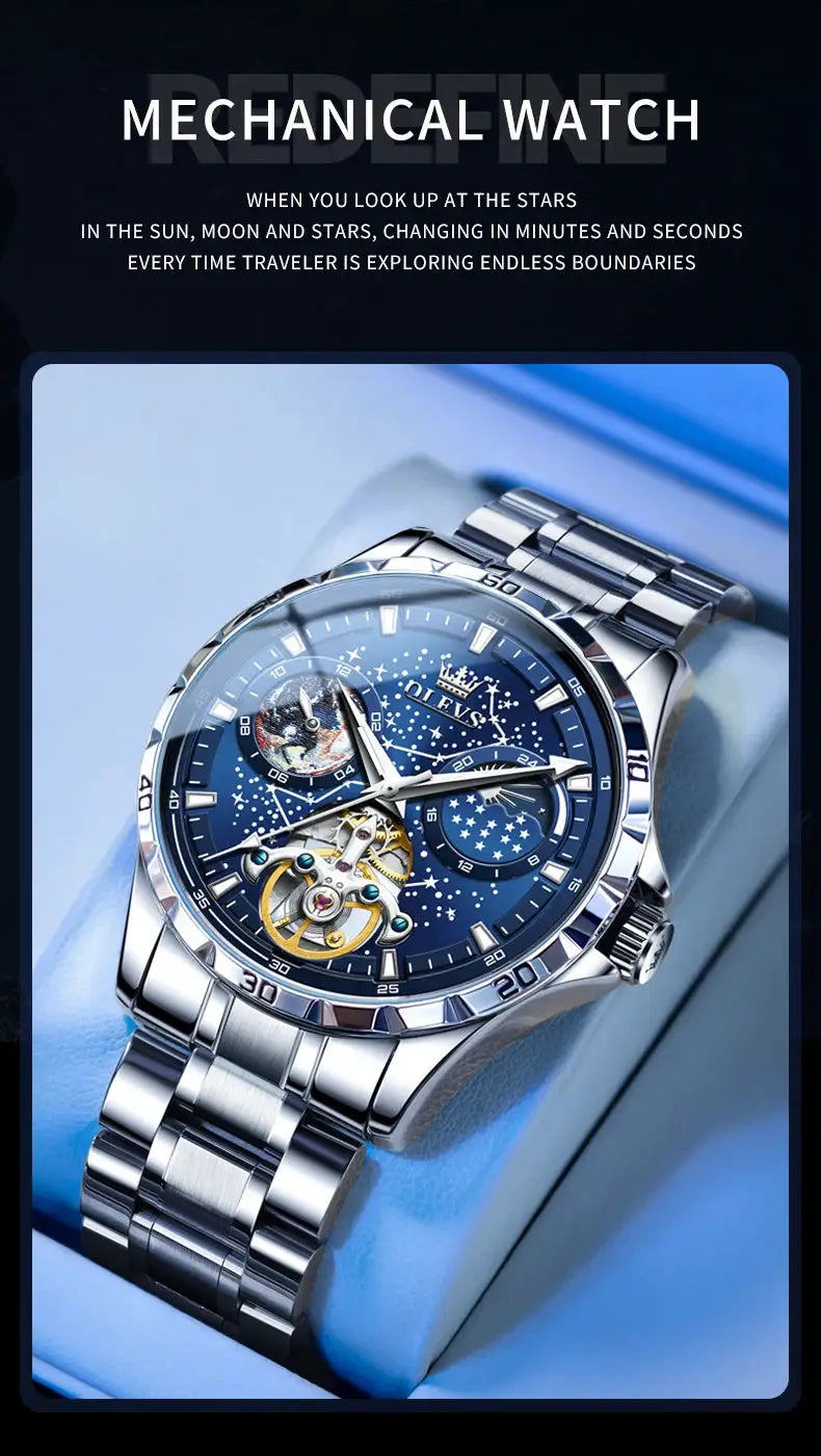 OLEVS skeleton automatic men’s watch with blue starry dial, visible gears, stainless steel bracelet.