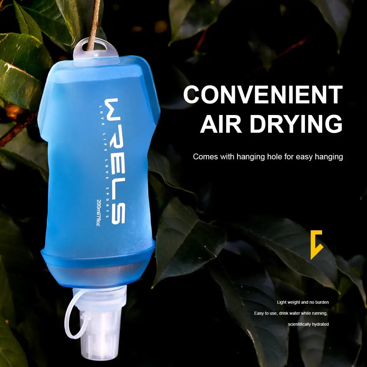 WRELS blue TPU soft-folding outdoor water bottle with hanging loop, BPA-free.