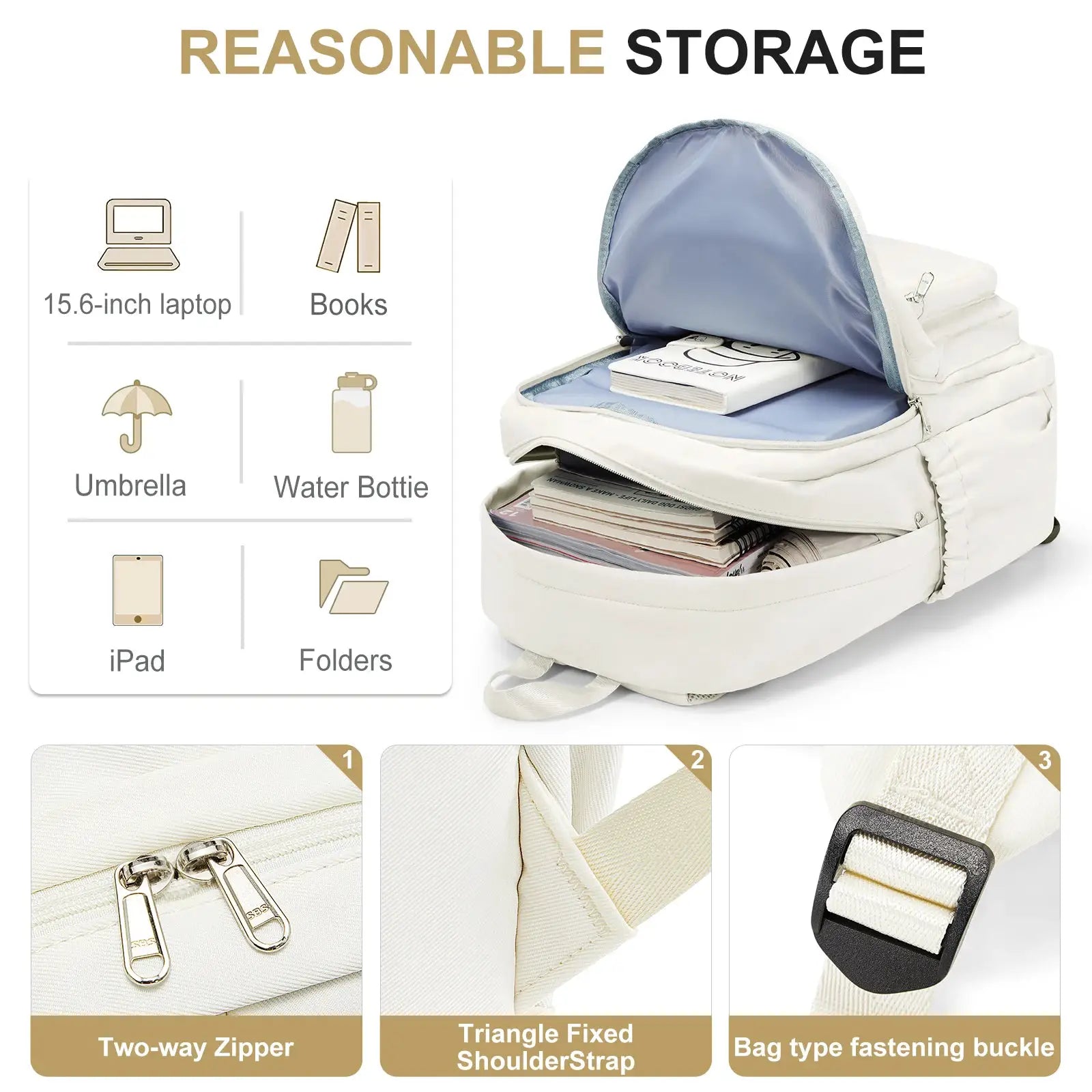 Backpack for girls and boys, white with light blue interior, loaded with books; two-way zipper and adjustable straps.