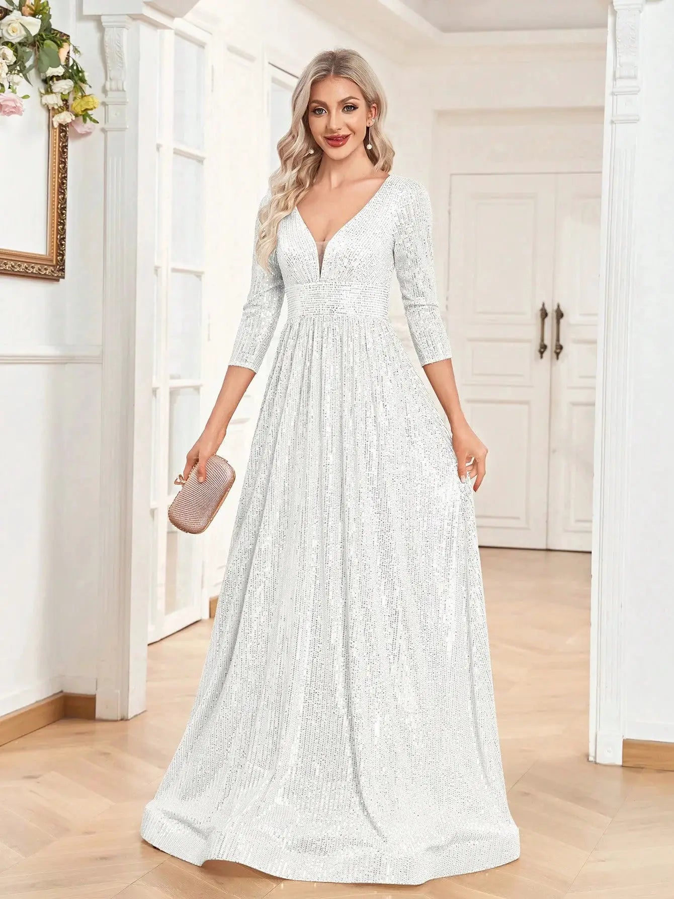 Luxury V Neck Long Sleeve Blue Sequins Formal Evening Dress Women Maxi