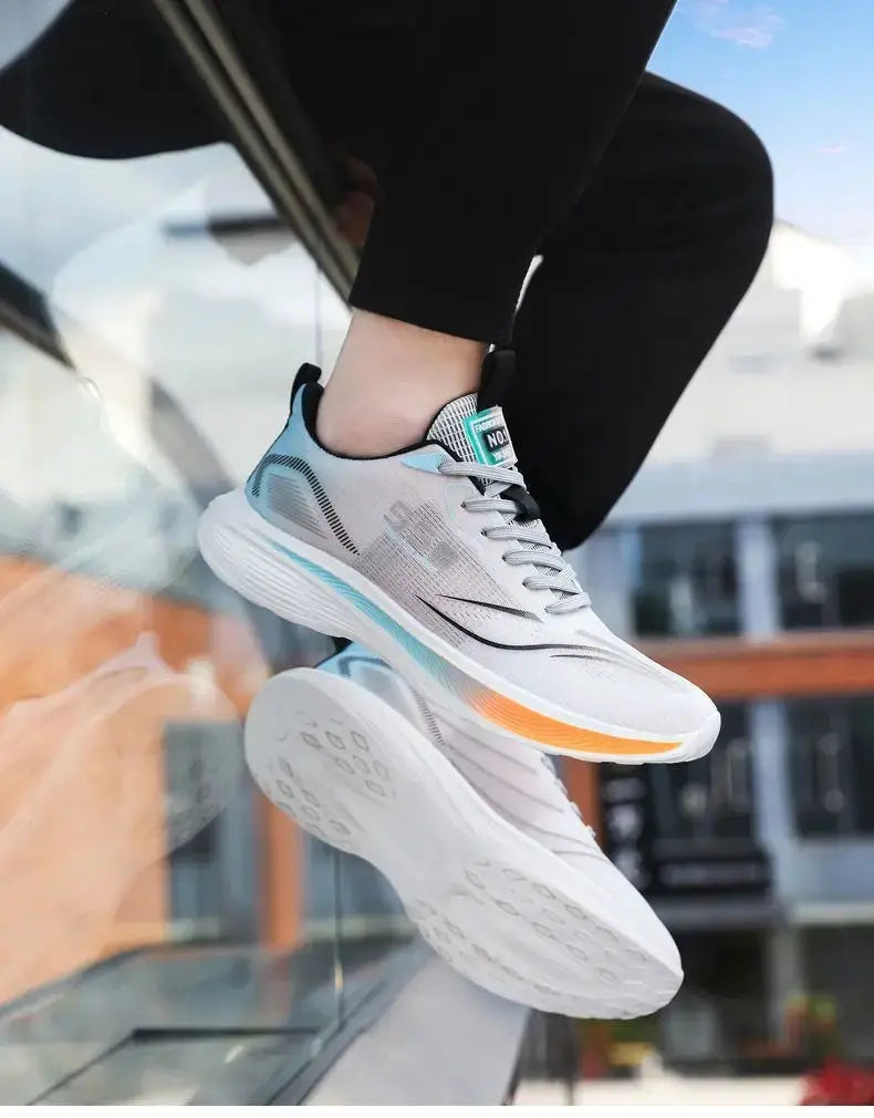 Simples Market men's running shoes, autumn chunky sneakers in light gray with blue accents and cushioned white sole