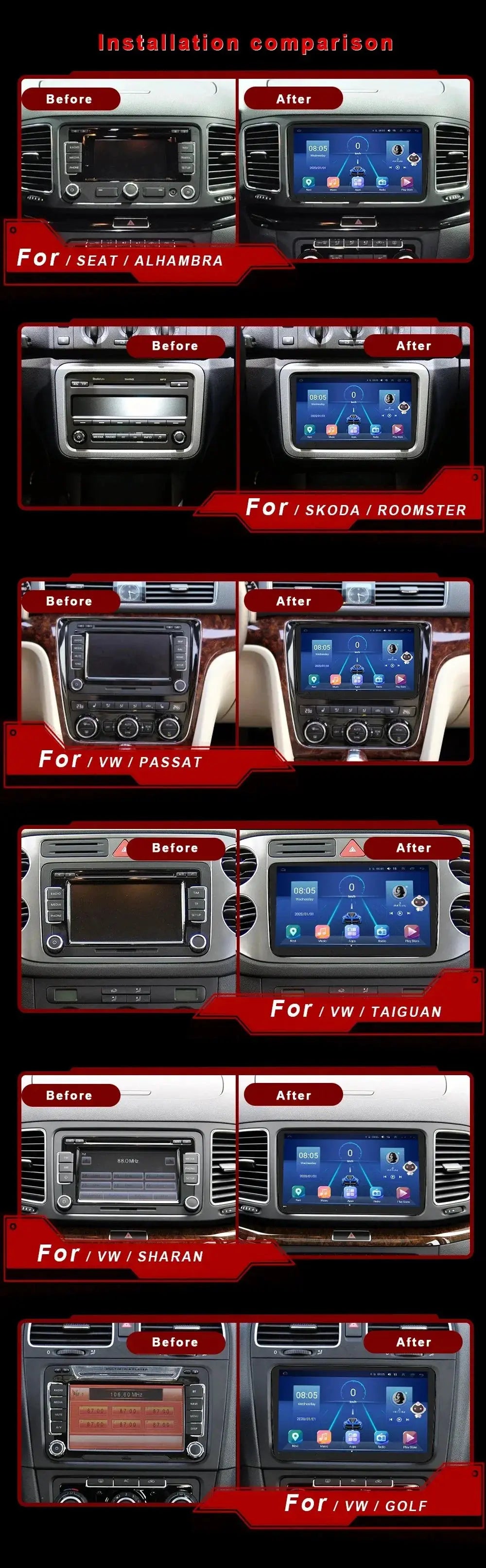 2Din Android car radio head unit by Simples Market; fit VW/Skoda models with CarPlay, WiFi and GPS navigation.