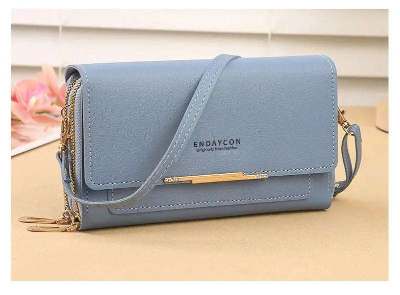 Women's mid-size wallet bag, blue, convertible shoulder clutch with coin pocket and gold-tone bar by ENDAYCON.