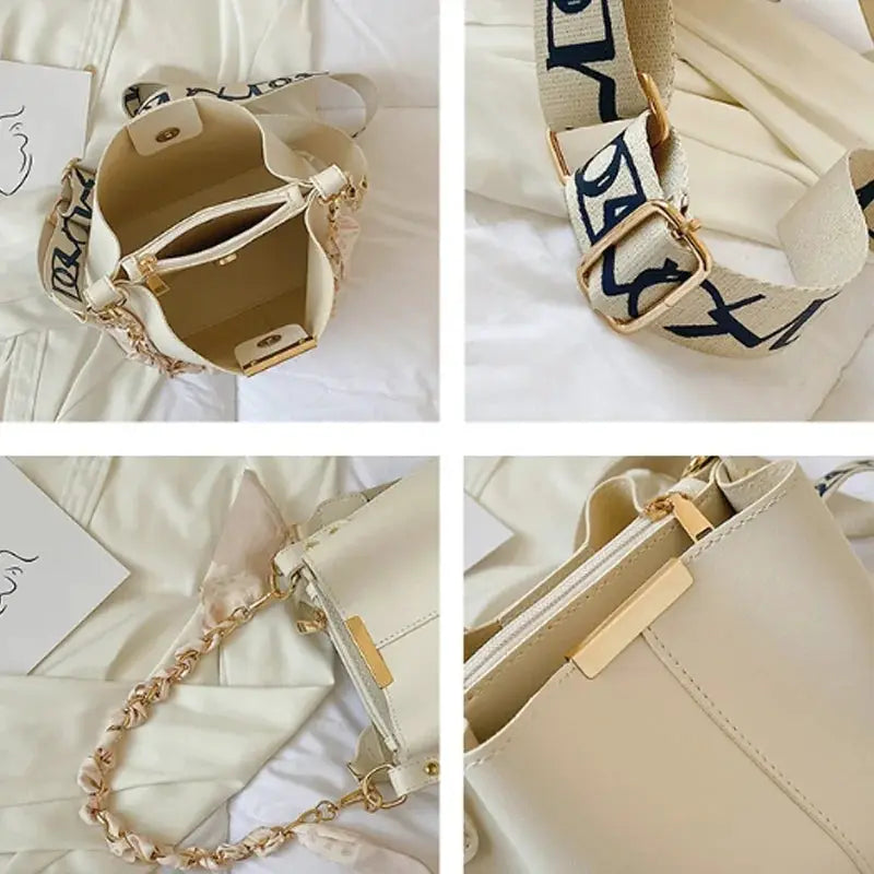 Simples Market beige women's shoulder bag with ribbon chain strap, large capacity bucket crossbody