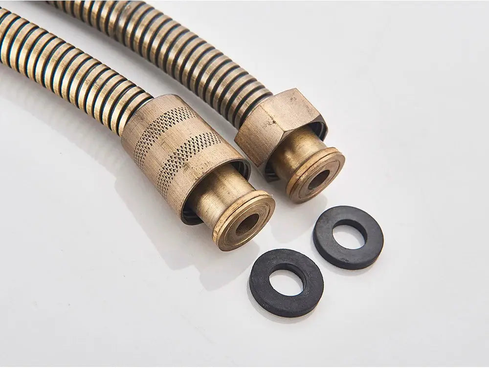 Antique brass handheld shower hoses, set of two, 150cm each, with brass fittings and rubber washers